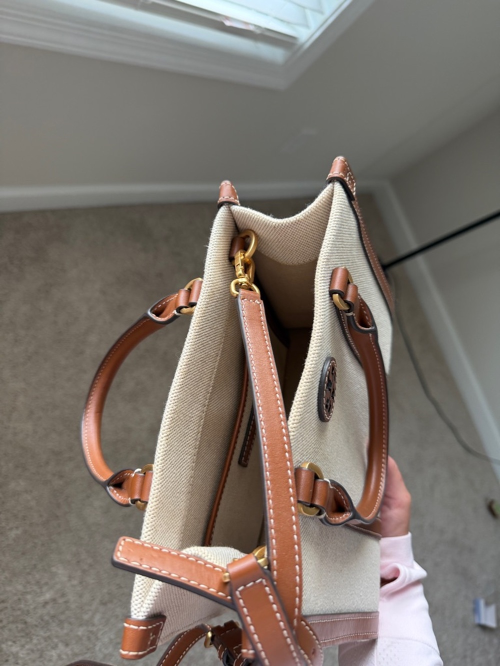 Tory Burch Beige Canvas Purse with Brown Leather Trim - Picture 11 of 13